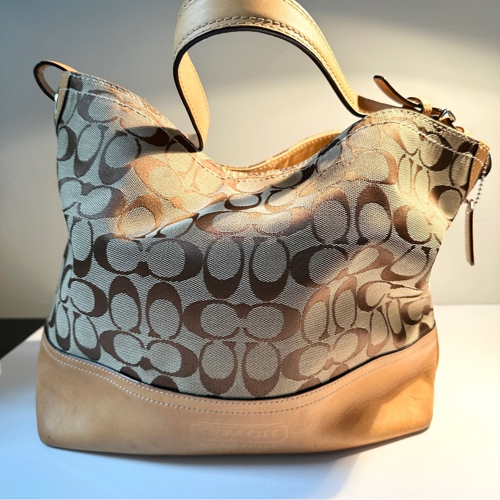 Coach 2156 tan Signature Fabric Leather Hobo Bag